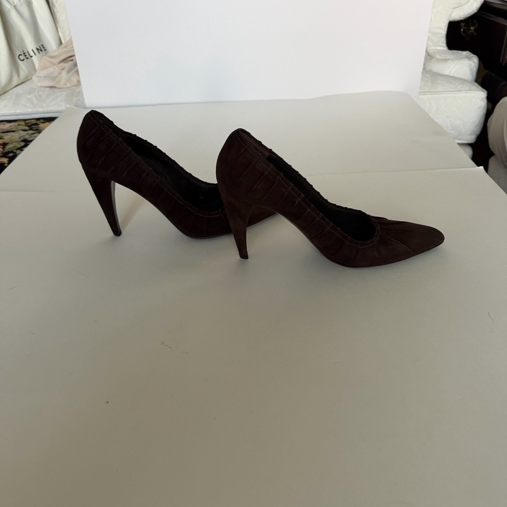 Prada Camoscio Plisse Women's Dark Brown Suede Heels - Picture 5 of 15